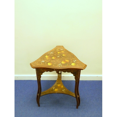 435 - Arts and crafts side table, the pokerwork top of shield form decorated with fruit and blossom motifs... 