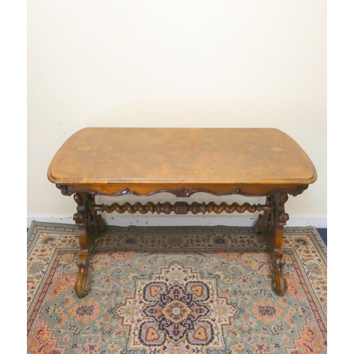 437 - 19th century Victorian burr walnut and rosewood side table, the walnut veneered top raised on pierce... 