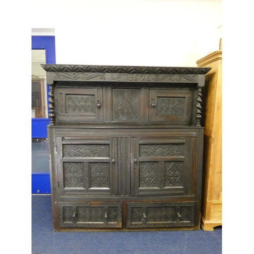 438 - Antique oak court cupboard the top bearing initials I.S and date 1696 above barley twist columns and... 