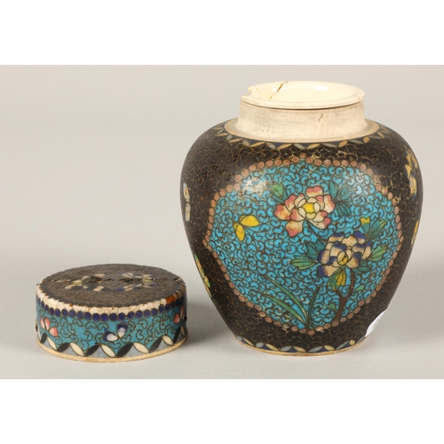 16 - Ceramic Cloisonne lidded preserve jar with inner lid, 11cm h character mark inside outer lid, a Chin... 