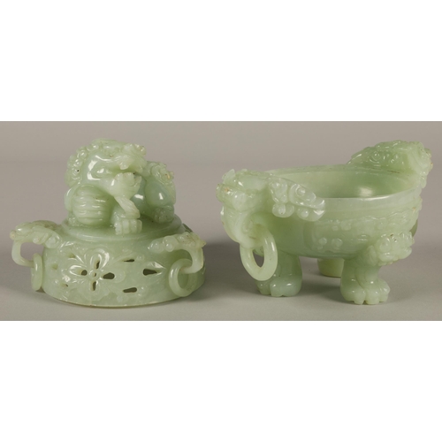 17 - Carved jade green coloured stone Chinese censer on three feet, 19cm h