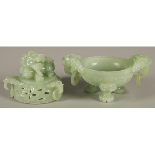 17 - Carved jade green coloured stone Chinese censer on three feet, 19cm h