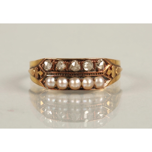 58 - 18ct gold ring set with a row of seed pearls and a row of diamonds, ring size O, 3g