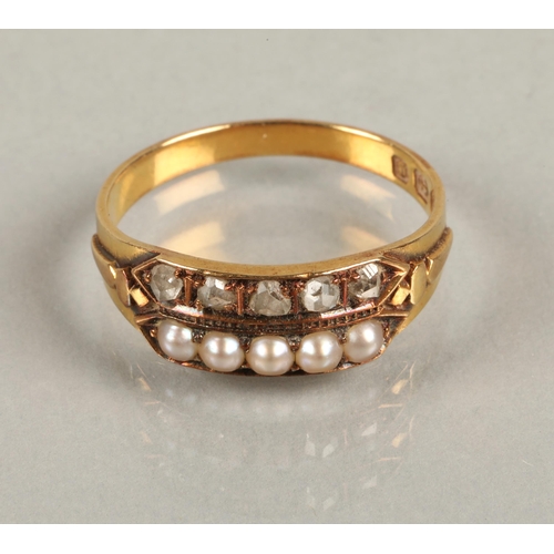 58 - 18ct gold ring set with a row of seed pearls and a row of diamonds, ring size O, 3g