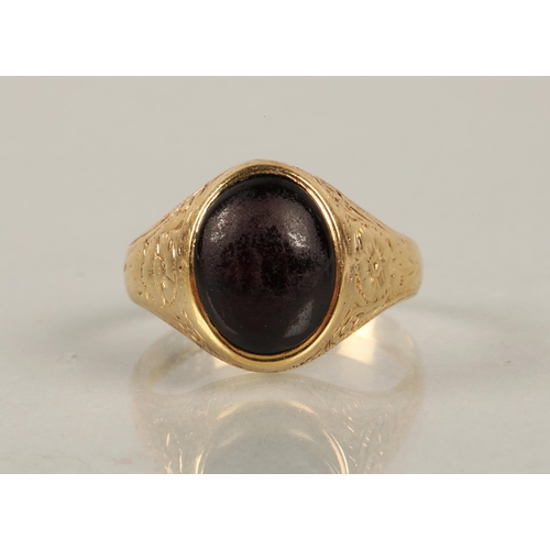 61 - Yellow metal ring set with a deep red cabochon gemstone possibly garnet or synthetic, ring size N, 5... 