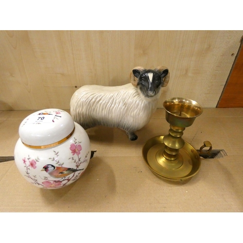 70 - Coopercraft model of a ram, brass candlestick and a ginger jar and cover..