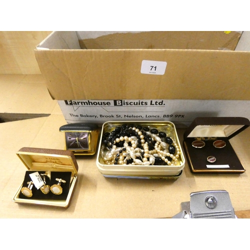 71 - Box of costume jewellery including cufflinks, clock etc.