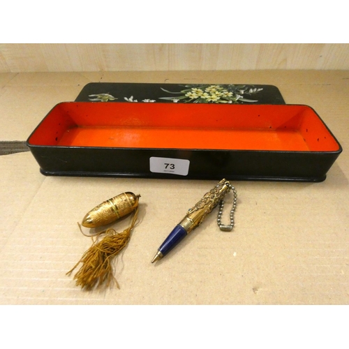 73 - Black laquer box, ornate pen, and sewing box etc