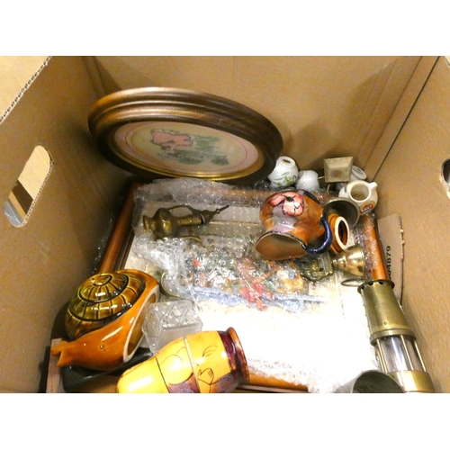 84 - Box of various including pictures, brassware etc.