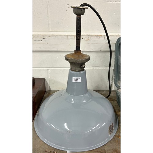 653 - Large industrial enamelled ceiling light & shade