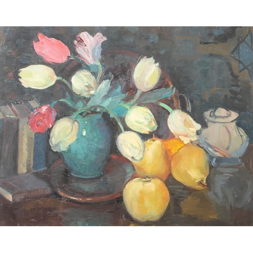 372 - LUCIE NEUSTEIN (Vienna Academy of Art) *ARR* Still life tabletop with vase of flowers and fruit Oil ... 