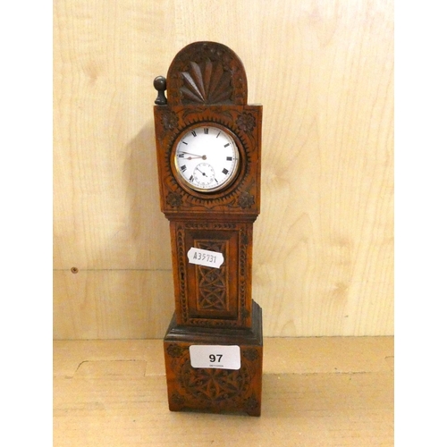 97 - Antique treen carved miniature long case clock, pocket watch stand including Star pocket watch.