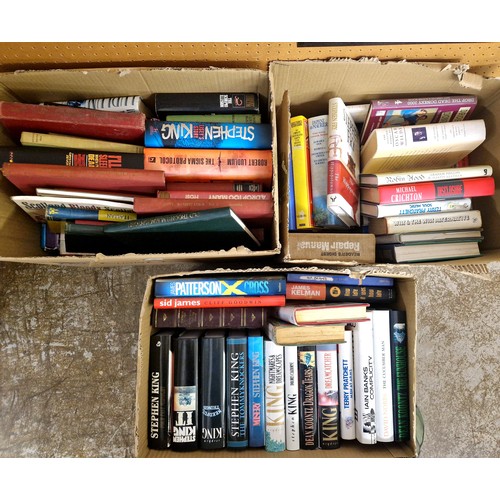 668 - Three boxes of assorted books incl. Stephen King, Stephen Fry, Spike Milligan, etc 