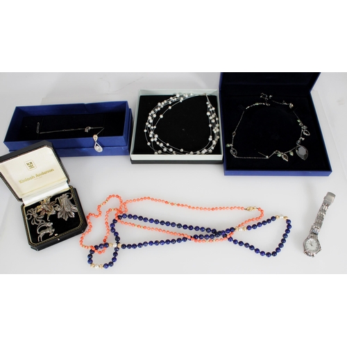 452 - Costume jewellery to include Swarovski necklaces, coral and lapis lazuli beads, Marcasite brooches a... 