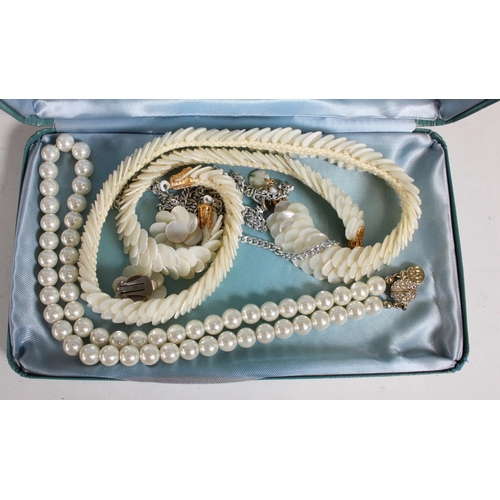 456 - Box containing costume jewellery to include beaded necklaces, pearl and mother-of-pearl necklace, ba... 