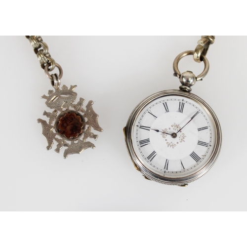 468 - Swiss silver pocket watch on plated chain with silver fob. 