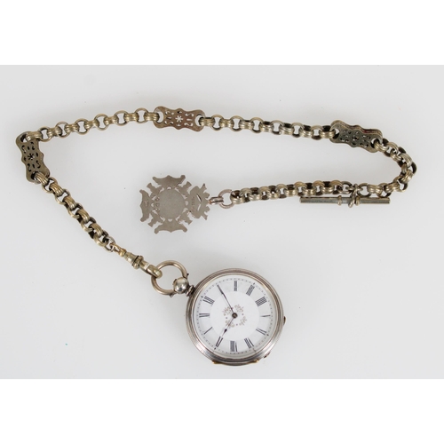 468 - Swiss silver pocket watch on plated chain with silver fob. 