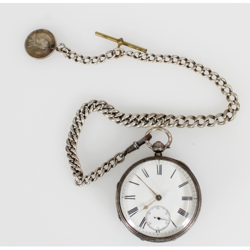 470 - Silver pocket watch with attached silver albert and coin fob.