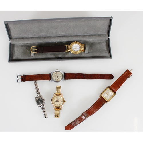 477 - Rudolph by Longines plated wristwatch on leather strap together with four other vintage wristwatches... 