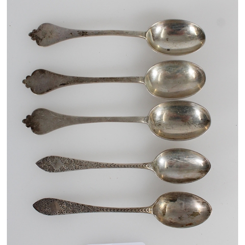 483 - Five mixed hallmarked silver teaspoons, gross 66g.