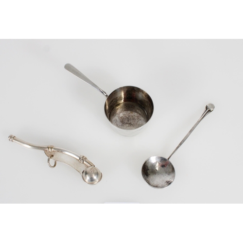 485 - Arts & Crafts style white metal spoon, Elkington and Co., plated scoop and a Royal Navy bosuns w... 