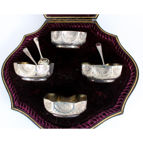 498 - Four Victorian silver plated salts in fitted case.