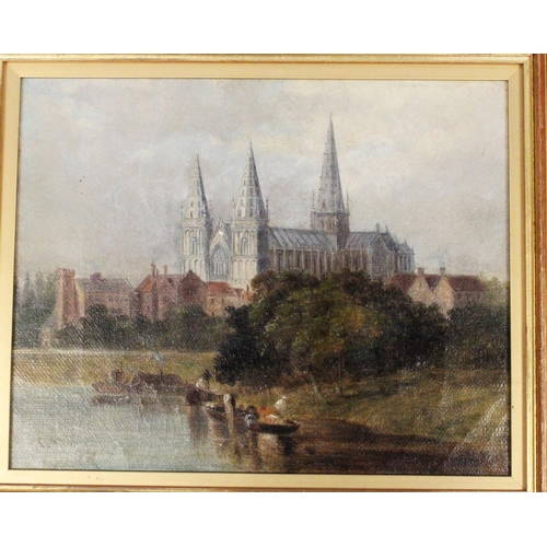 333 - JONES, Cathedral on a river bend, oil painting on board, signed lower left, 19cm x 24cm, frame 27cm ... 