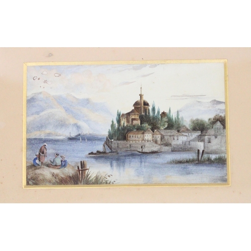 337 - 19TH CENTURY SCHOOL, untitled mosque, castle and lake scene, watercolour, unsigned, 9cm x 14cm, fram... 