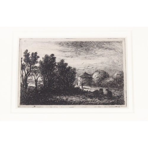 338 - In the style of SAMUEL PALMER, figures in a landscape, etching, unsigned, 8cm x 12cm, frame 26cm x 3... 