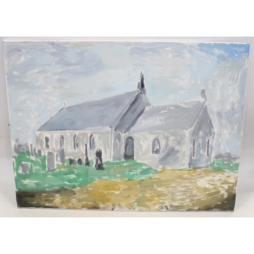 344 - ERIC RITCHIE (Scottish b1934), untitled church and graveyard, oil painting on canvas, unsigned, 60cm... 