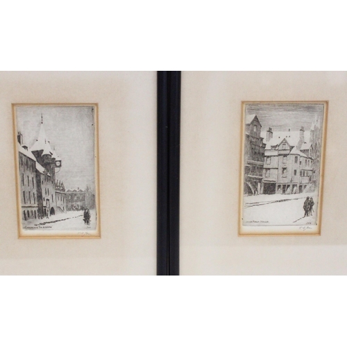 355 - R.A. Jon, 'Canongate Tolbooth & John Knox House', pair of etchings, signed in pencil, 12cm x 7cm... 