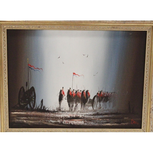 378 - CHRISTOPHER BERRY DEE, cavalry and field gun, oil painting on canvas, signed lower right, 29cm x 39c... 