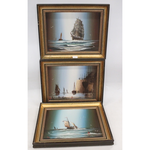 379 - CHRISTOPHER BERRY DEE, sailing boats, three oil paintings on canvas, signed lower left, 29cm x 39cm,... 