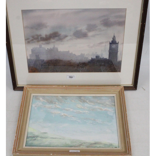 392 - DAVID GRAHAM, Edinburgh Castle and Balmoral Clock Tower skyline, watercolour, signed lower right, 28... 