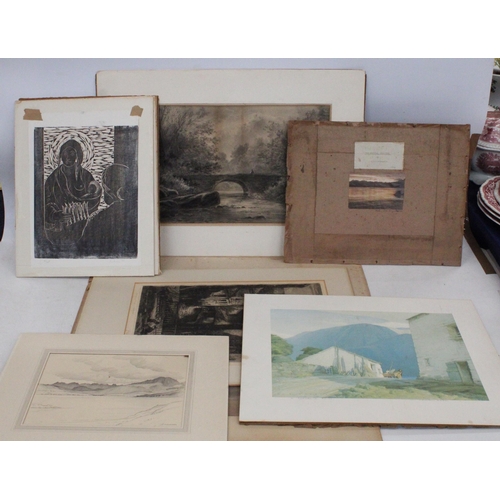 396 - Unframed watercolours, drawings and etchings to include J S C ALEXANDER, HEATON COOPER, WILSON, HAZE... 