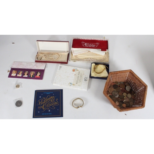 509 - Small selection of coins, Princess Diana mint stamps, simulated pearls, dress watches, etc.