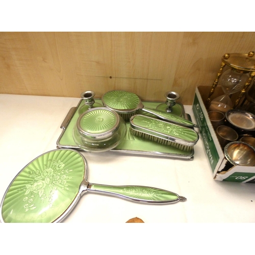 147 - Various EPNS and brassware to include miners lamp, timer, dressing table set etc.