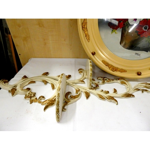 170 - Cream and gilt framed floral picture and a wall shelf. (2)