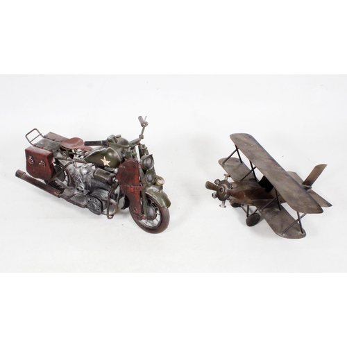 15 - Metal model of a bi-plane and a metal model of WWII motorcycle.