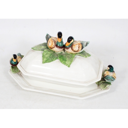 32 - Italian pottery tureen decorated with applied ducks.