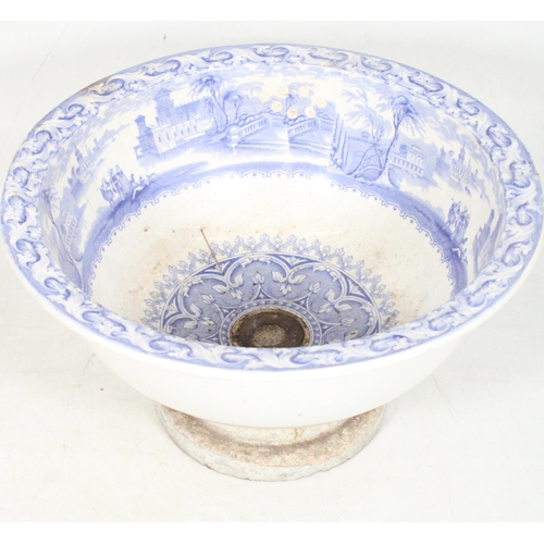 34 - Victorian blue and white transfer printed bowl on fixed stoneware pedestal base, 38cm diameter.