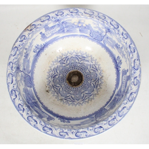 34 - Victorian blue and white transfer printed bowl on fixed stoneware pedestal base, 38cm diameter.