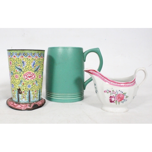 42 - Glug jug, a French porcelain inkwell, a Keith Murray for Wedgwood mug, and a Chinese Canton cloisonn... 