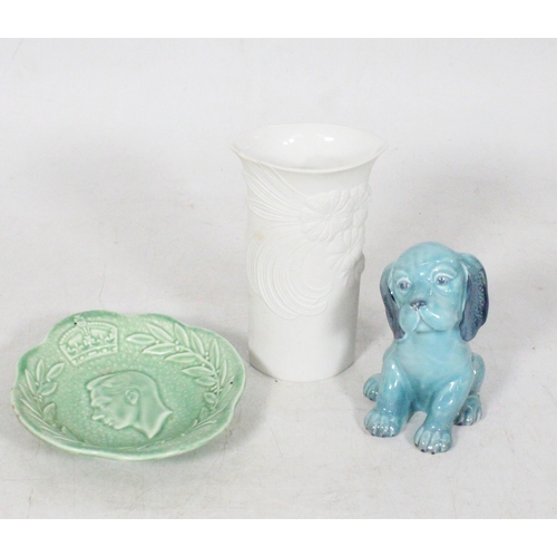 48 - Beswick blue glaze puppy #354, a Sylvac royal commemorative souvenir, and a Kaiser porcelain vase.