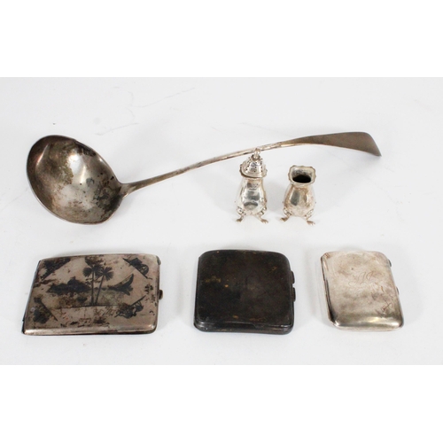 504 - Hallmarked silver to include a ladle, salt and pepper, two cigarette cases and a non-hallmarked Mars... 