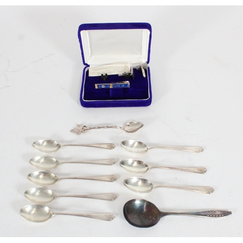 505 - Hallmarked silver teaspoons and a soup spoon, 123g, together with a white metal souvenir spoon and a... 