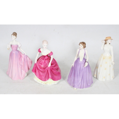 56 - Three Royal Doulton lady figurines, and a Coalport figurine.