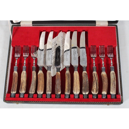 79 - James Dixon & Sons stag horn-handle steak knives and forks.