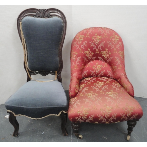 427 - Victorian mahogany nursing-type chair, upholstered in later pink floral moquette, on ceramic castors... 