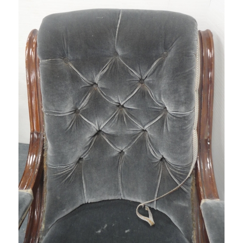 451 - Victorian mahogany-framed button-back open armchair, upholstered in later pale blue Dralon, open scr... 